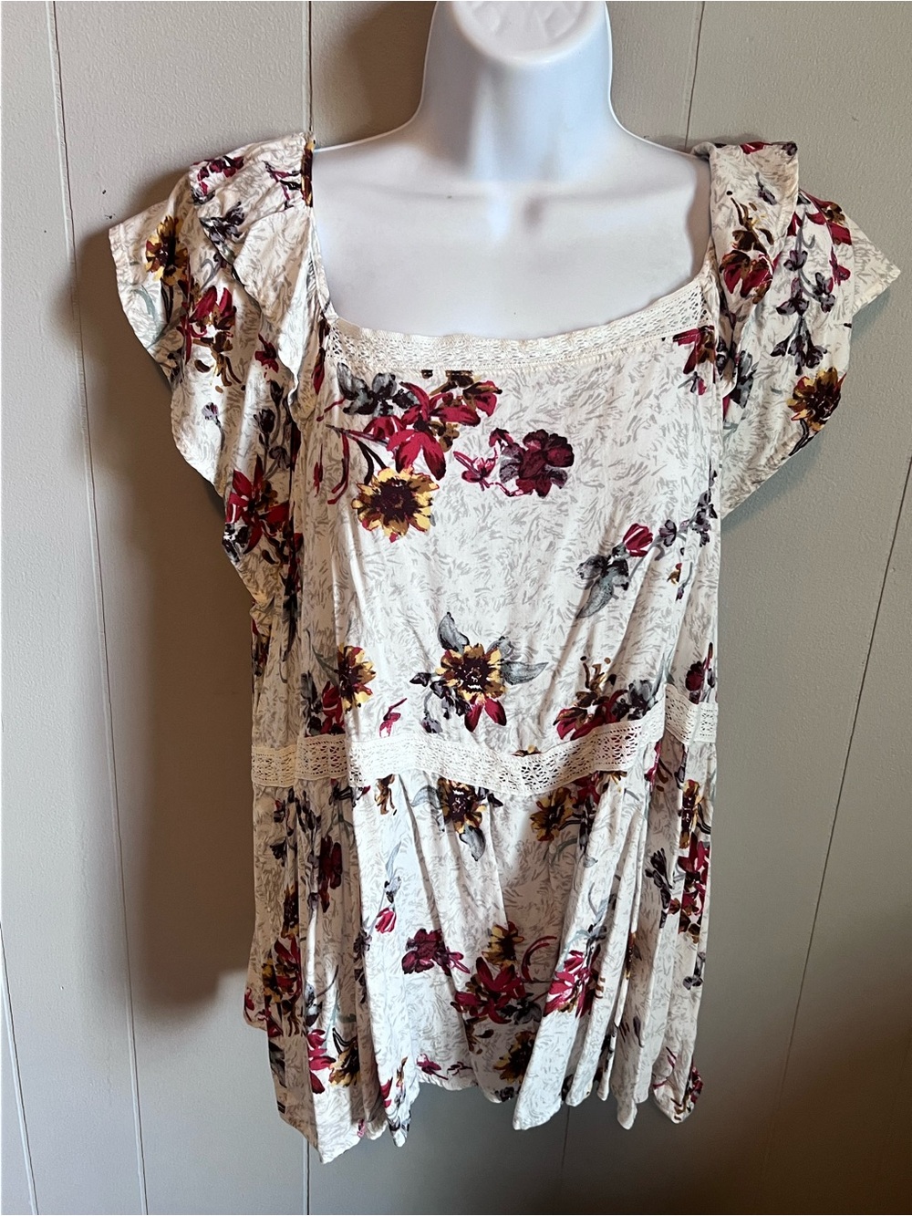Maurices Cream Floral Lace-Trim Square Neck Blouse
